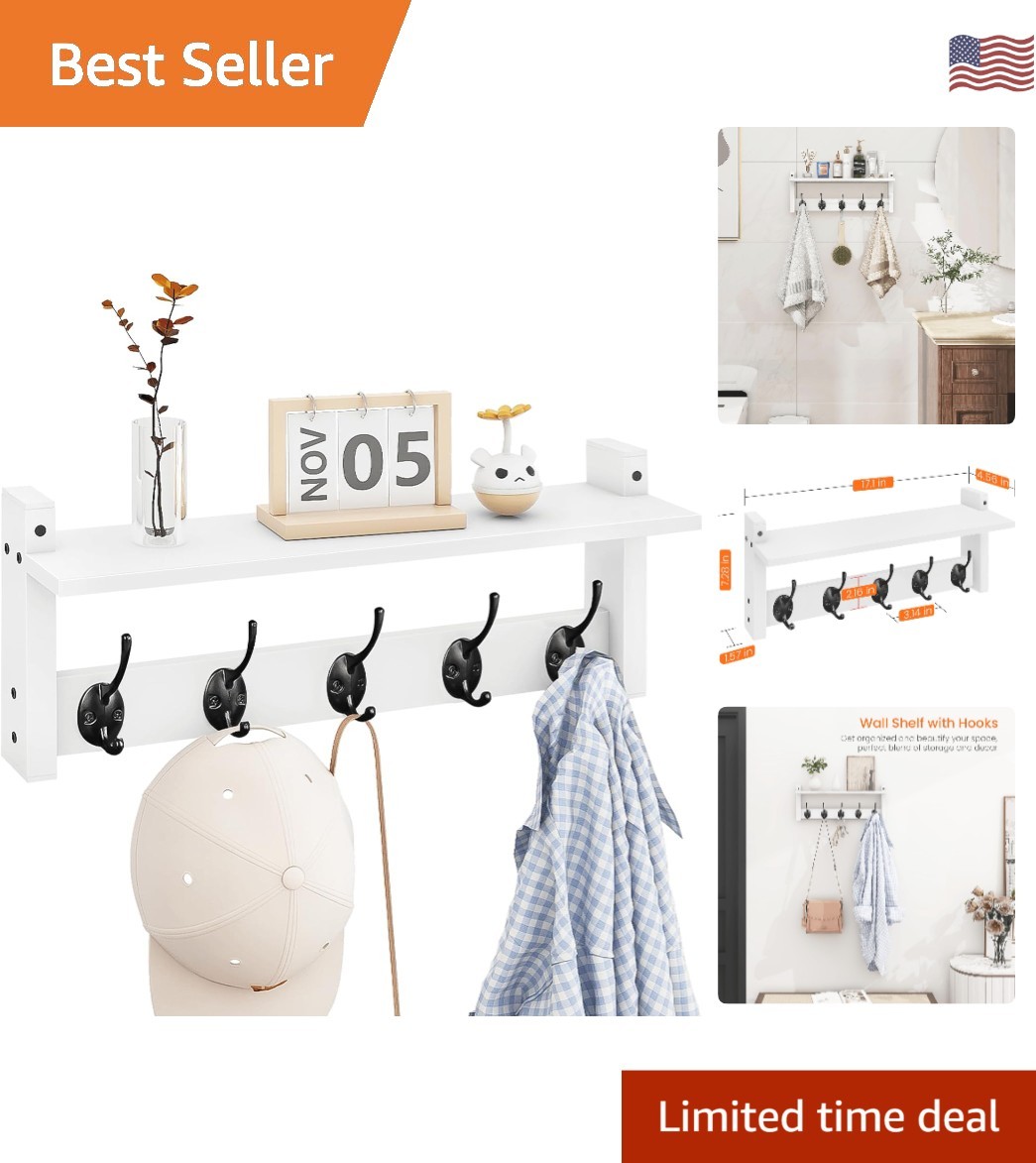 Robust Wall Shelf with 5 Hooks – Space-Saving Storage for Hallway or Bathroom