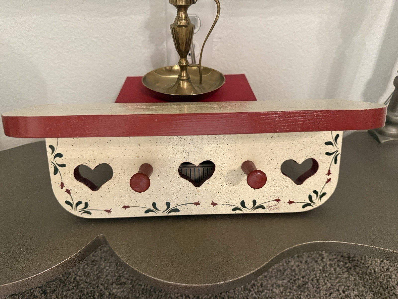 Hand Painted 80’s Cottage, Folk, Farmhouse Wood Pegged Shelf – Heart Cutouts!!