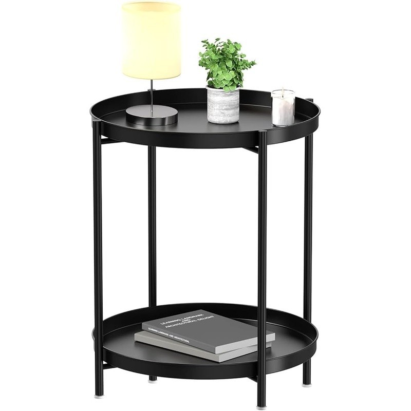 Versatile Round Side Table W/ Removable Tray Durable Metal Anti-Slip Legs New