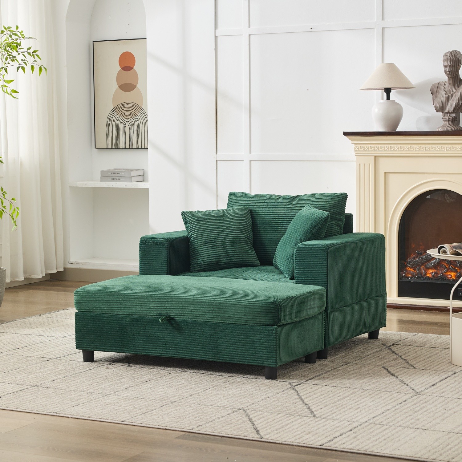Modern Upholstered Chaise Lounge Armchair with Storage Ottoman for Living Room