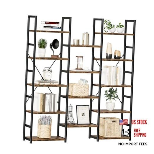 Triple Column 5 Tier Bookshelf, Bookcase with 14 5 Tier(Regular) Vintage Brown