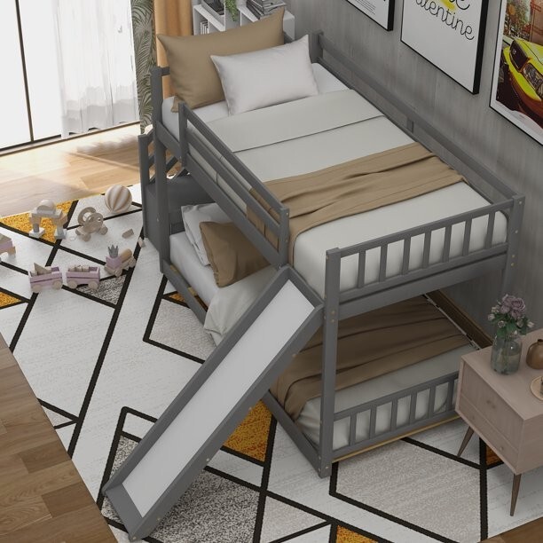 Bunk Bed Twin Over Twin with Slide and Stairway for Kids