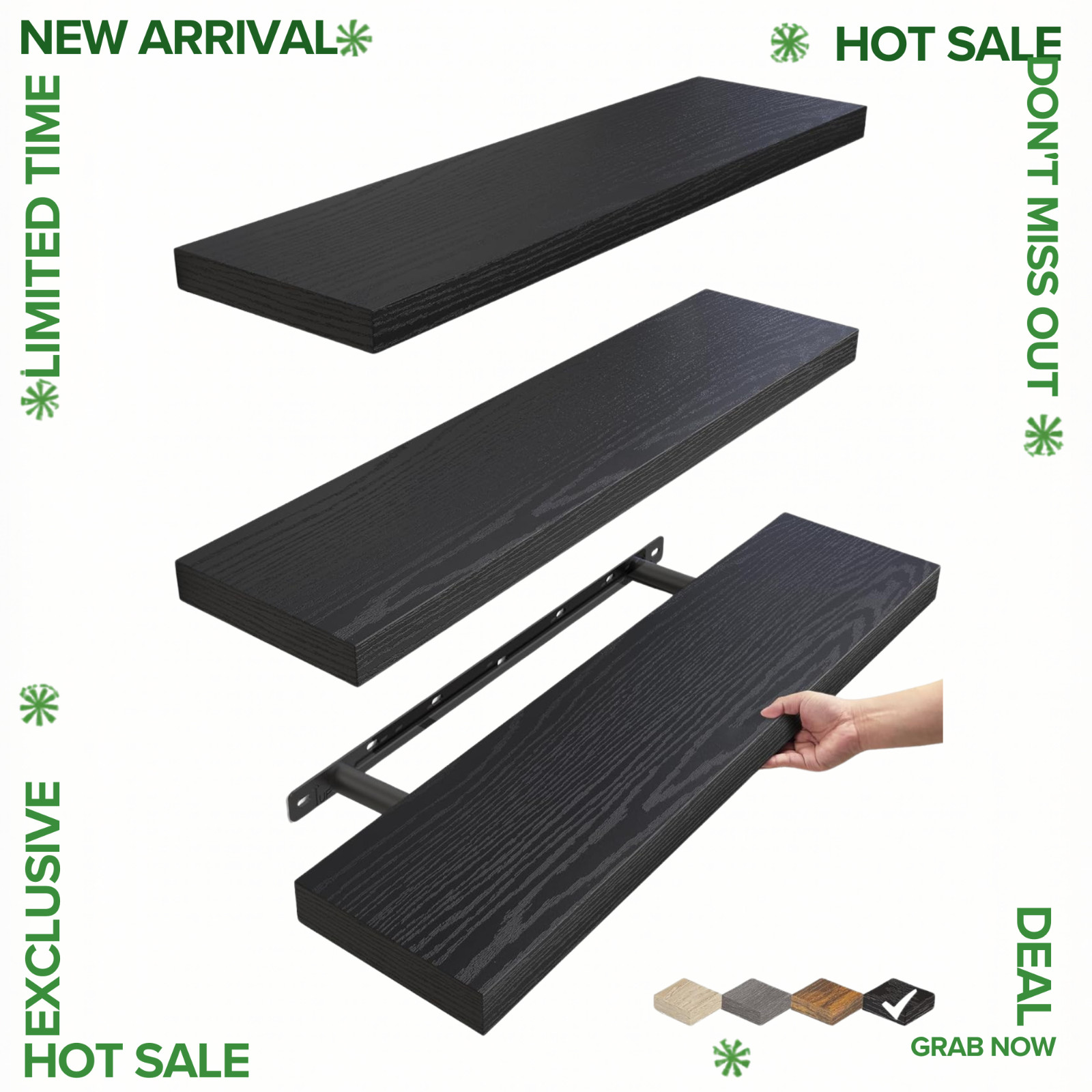 NEW BAYKA Floating Shelves Set of 3 Wall Mounted Rustic Wood 22.5in Black Storag