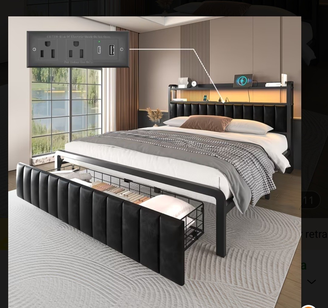 E-Motie King Black Upholstered Bed Frame with Storage Drawer & USB Ports Modern