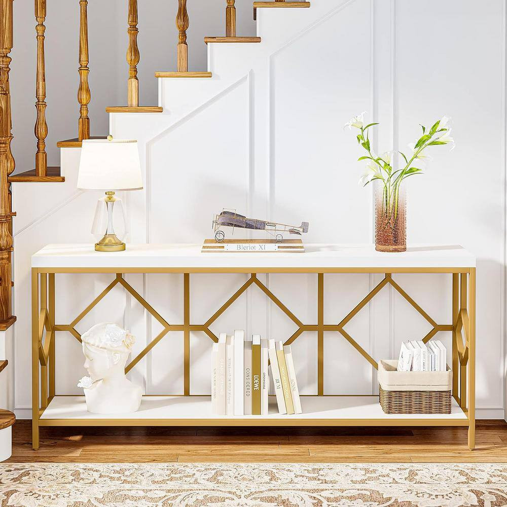 Turrella 70.9 In. Whiteandgold Extra Long Rectangle Wood Console Table behind Co