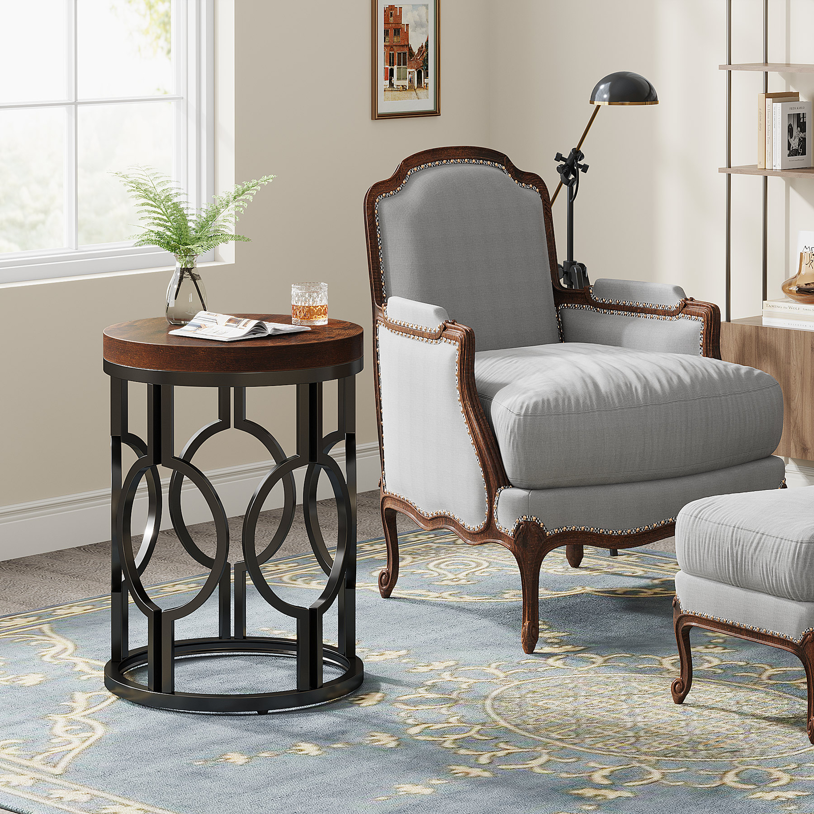 Rustic Wood Round End Table Sofa Side Table with Metal Base for Home Bedroom