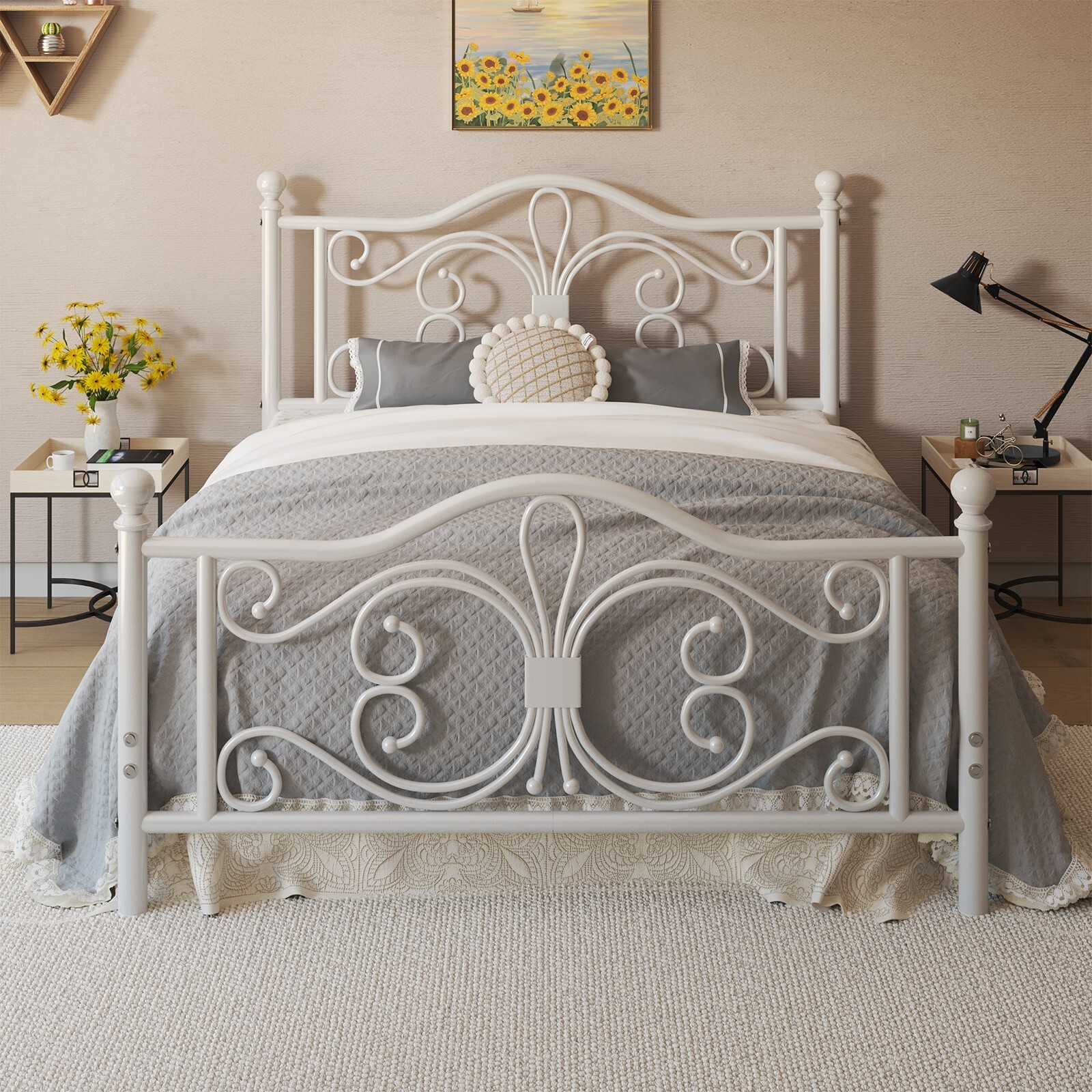 Queen/Twin/Full Metal Platform Bed Frame with White Headboard & Footboard