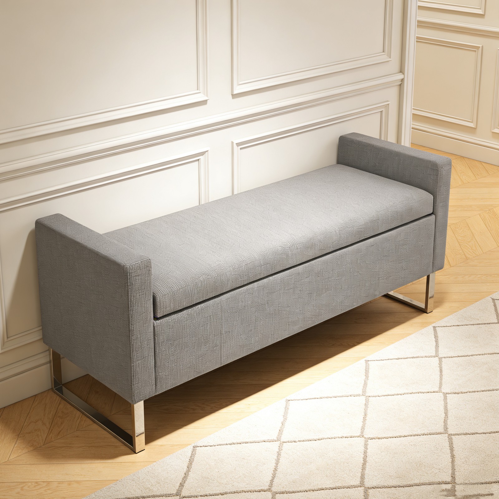 Upholstered Storage Ottoman Bench for Living Room, Bedroom, Grey w/ Metal Base