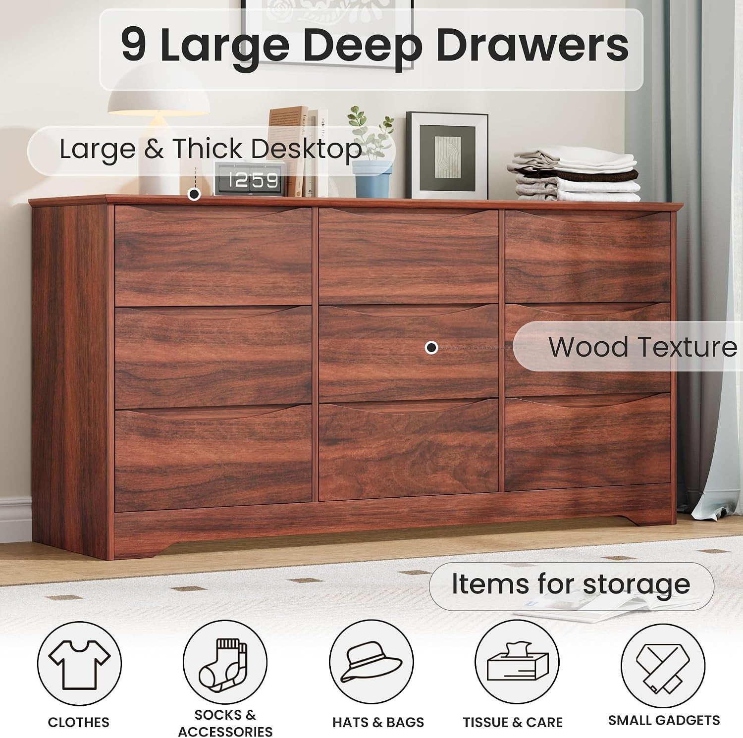Tall Modern Dresser 3/6/8/9 Drawers Deep Storage Wide Top Chest Living Room