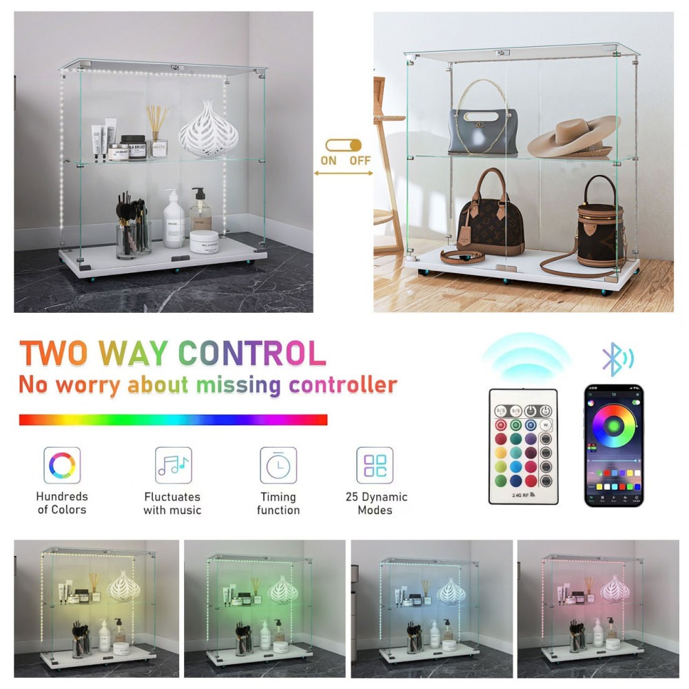 Display Cabinet with Bluetooth LED Strip Lighting and Lockable Swivel Casters