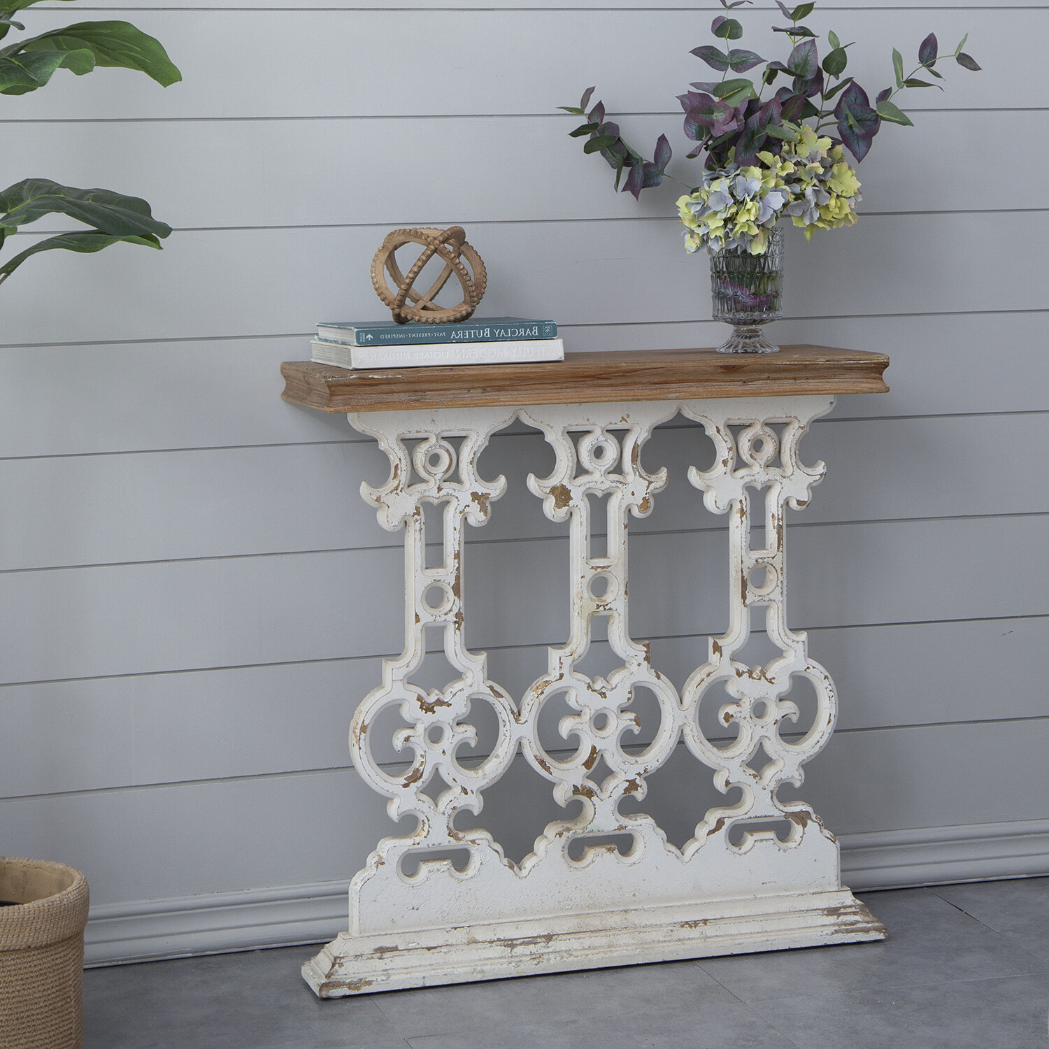 Distressed Console Table, 32″ Foyer Table with Wood Carvings and Scrollwork Base