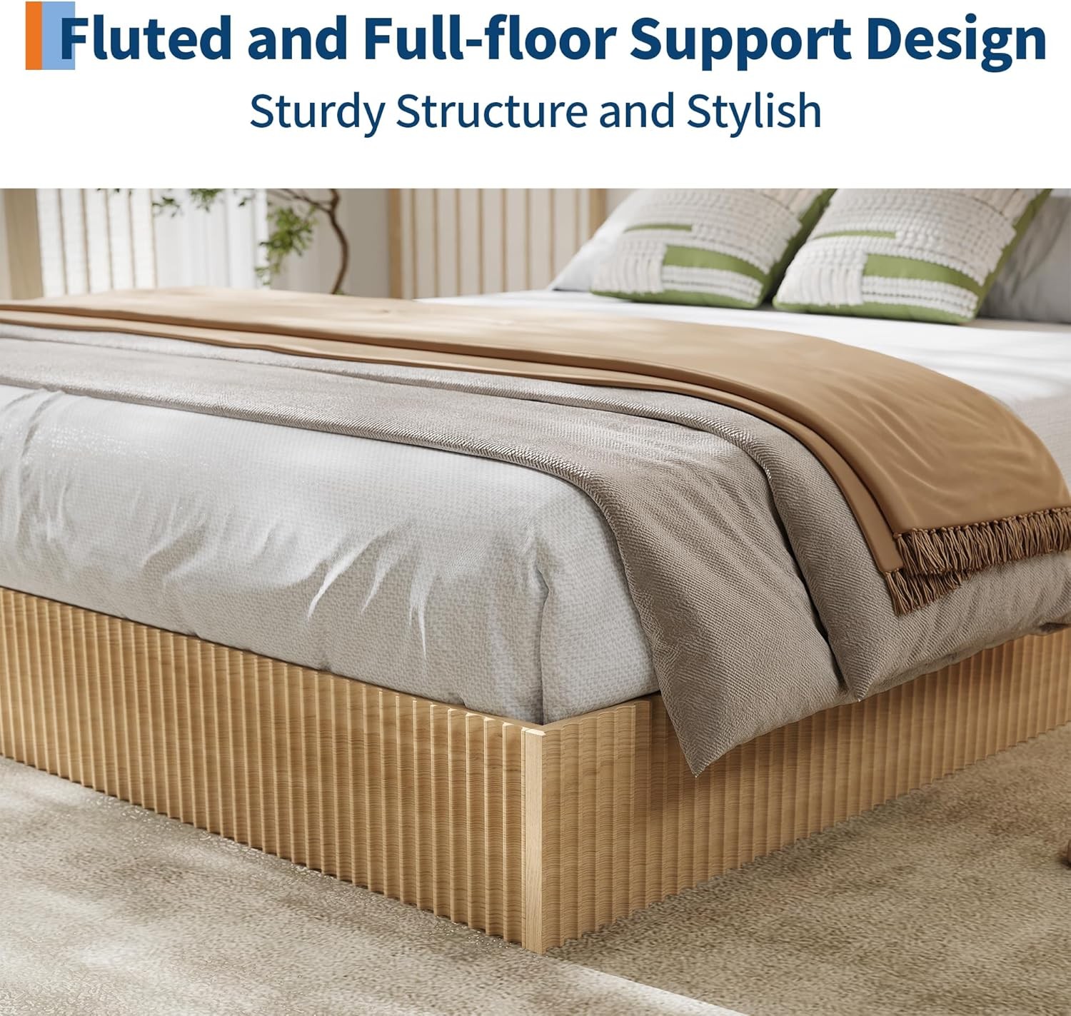 Full Bed Frame, Wood Platform Bed with Fluted Design, Low Profile Bed Frame