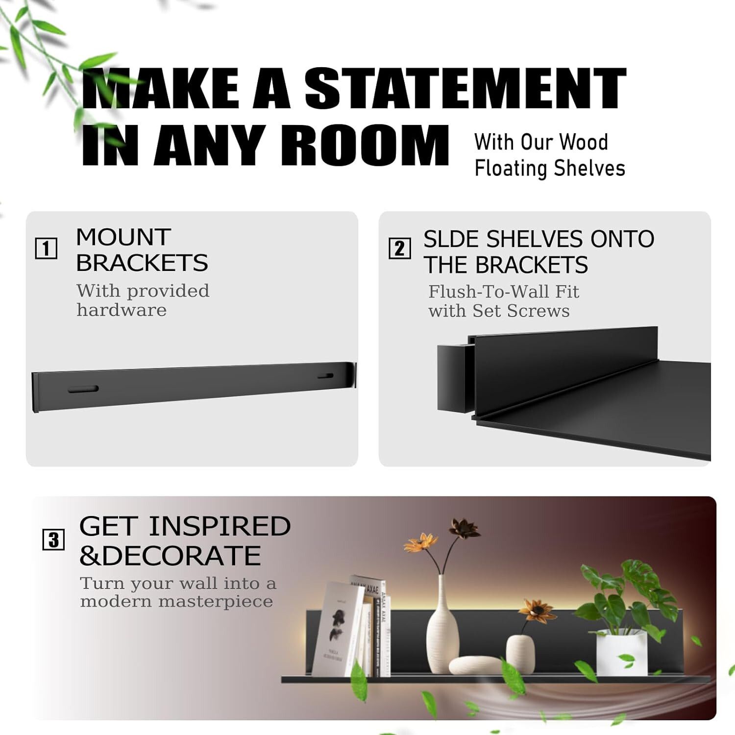 Floating Display Shelf w/ LED Light and Transformer, Black Metal Shelf