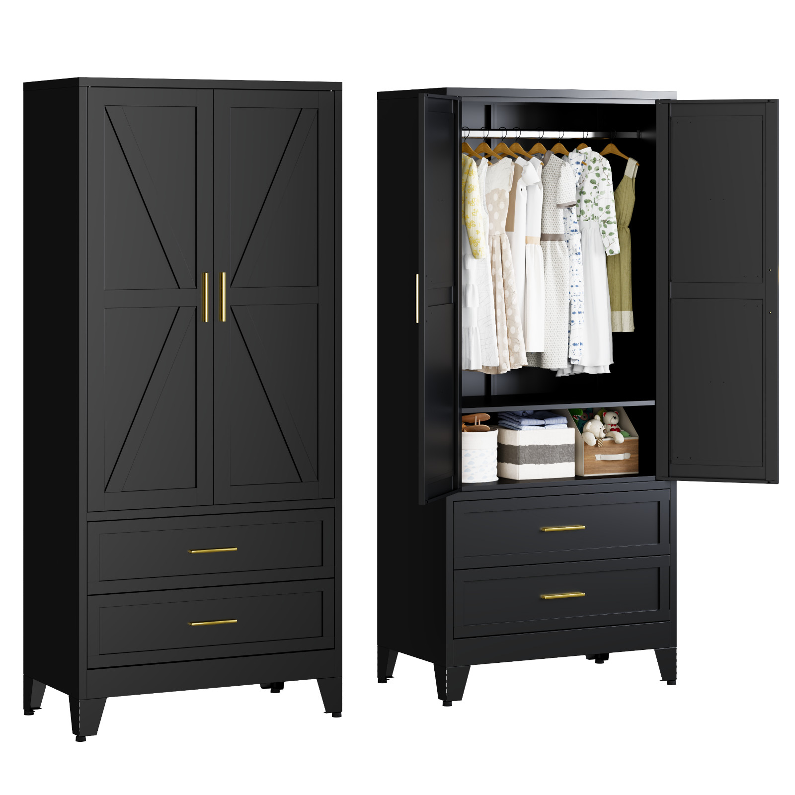 Metal armoire Wardrobe Closet with Hanging Rod,71” Metal Wardrobe Cabinet