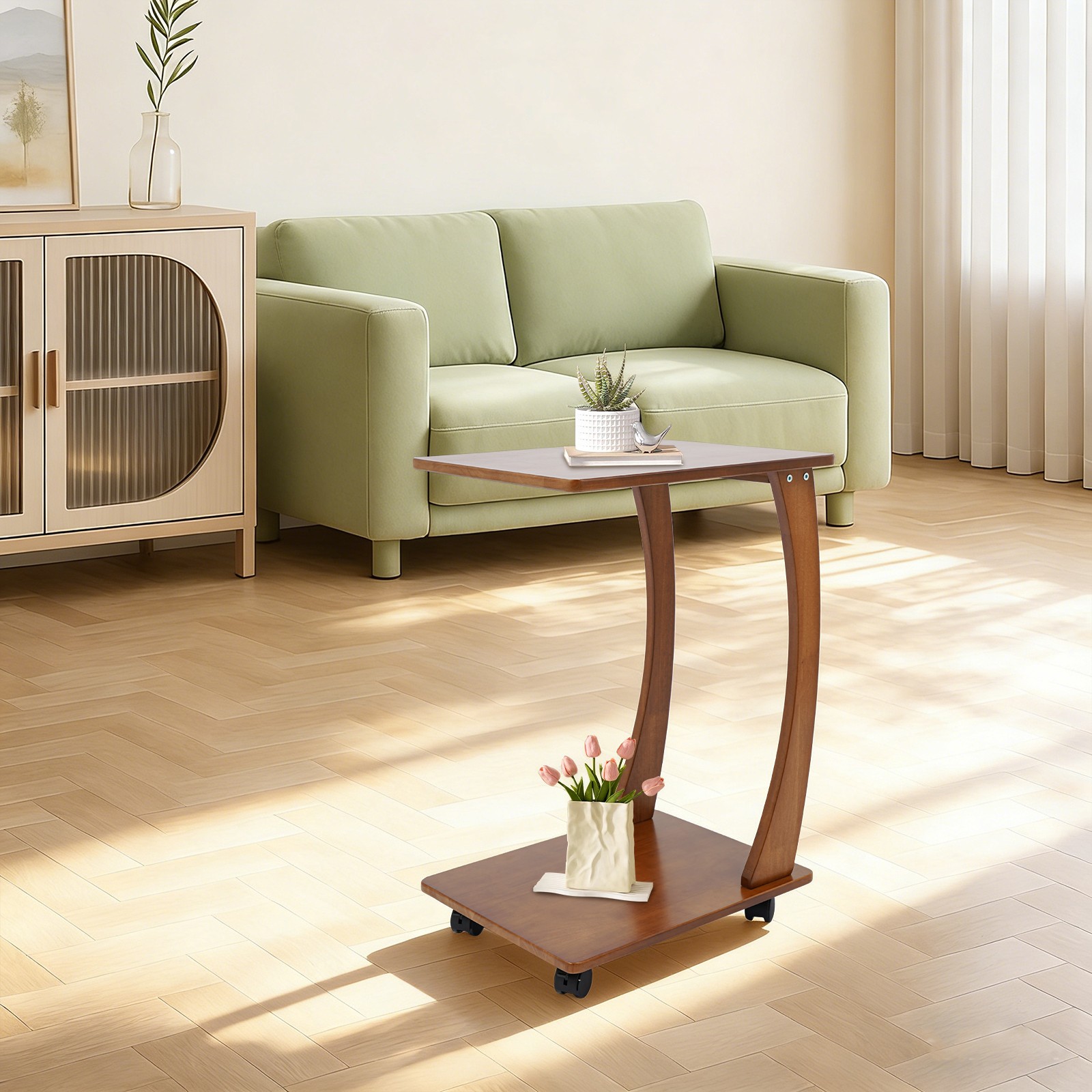 Curved Solid Wood Console Table Bent Hall End Table Side Table w/ 4 Wheels USA
