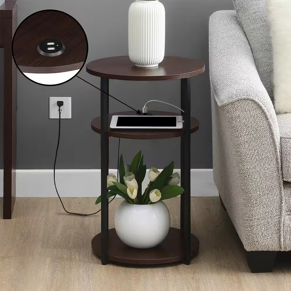Designs2Go Simon 15.75 In. W Espresso round Wood 3 Tier End Table with USB Ports