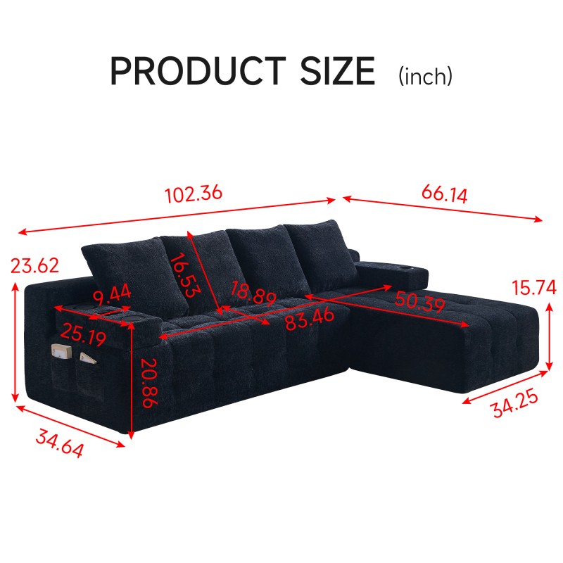 Modern Style L-Shaped Sectional Sofa with USB Ports Bluetooth Speaker 102