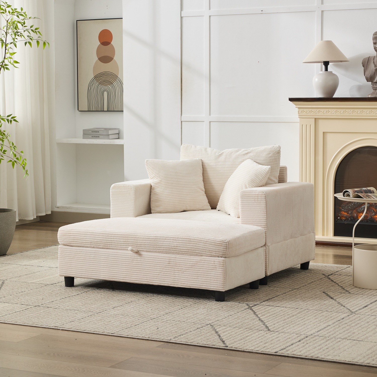 Modern Upholstered Chaise Lounge Armchair with Storage Ottoman for Living Room