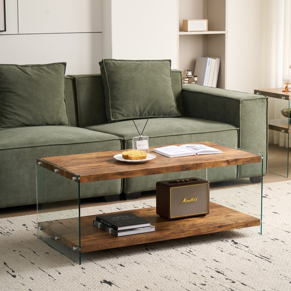 MDF Side Table Small Tea Table Walnut Night Stand Tempered Glass Sofa Table