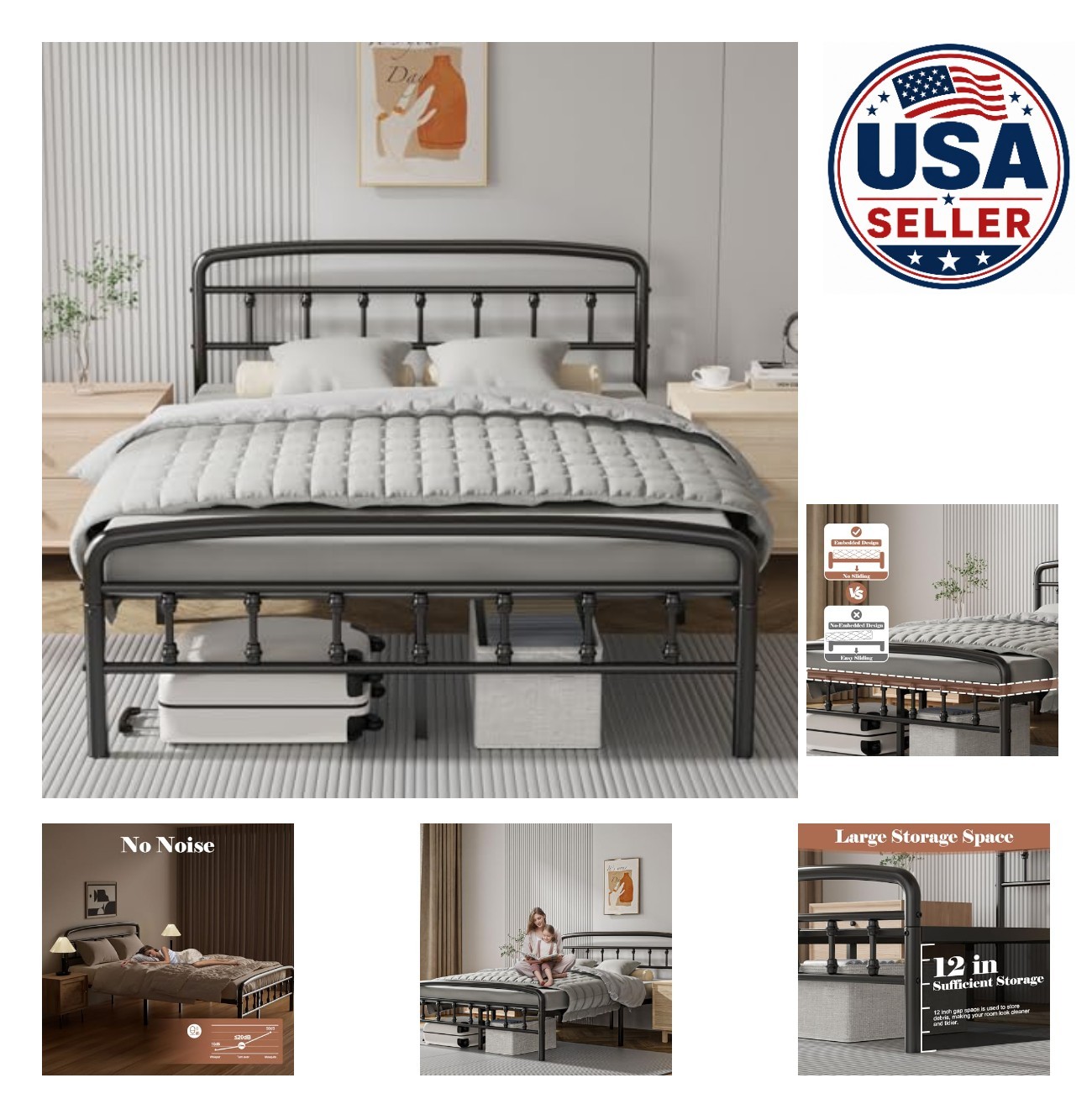 Full Size Metal Bed Frame Heavy Duty 1500 Lbs Headboard Footboard 12 Inch