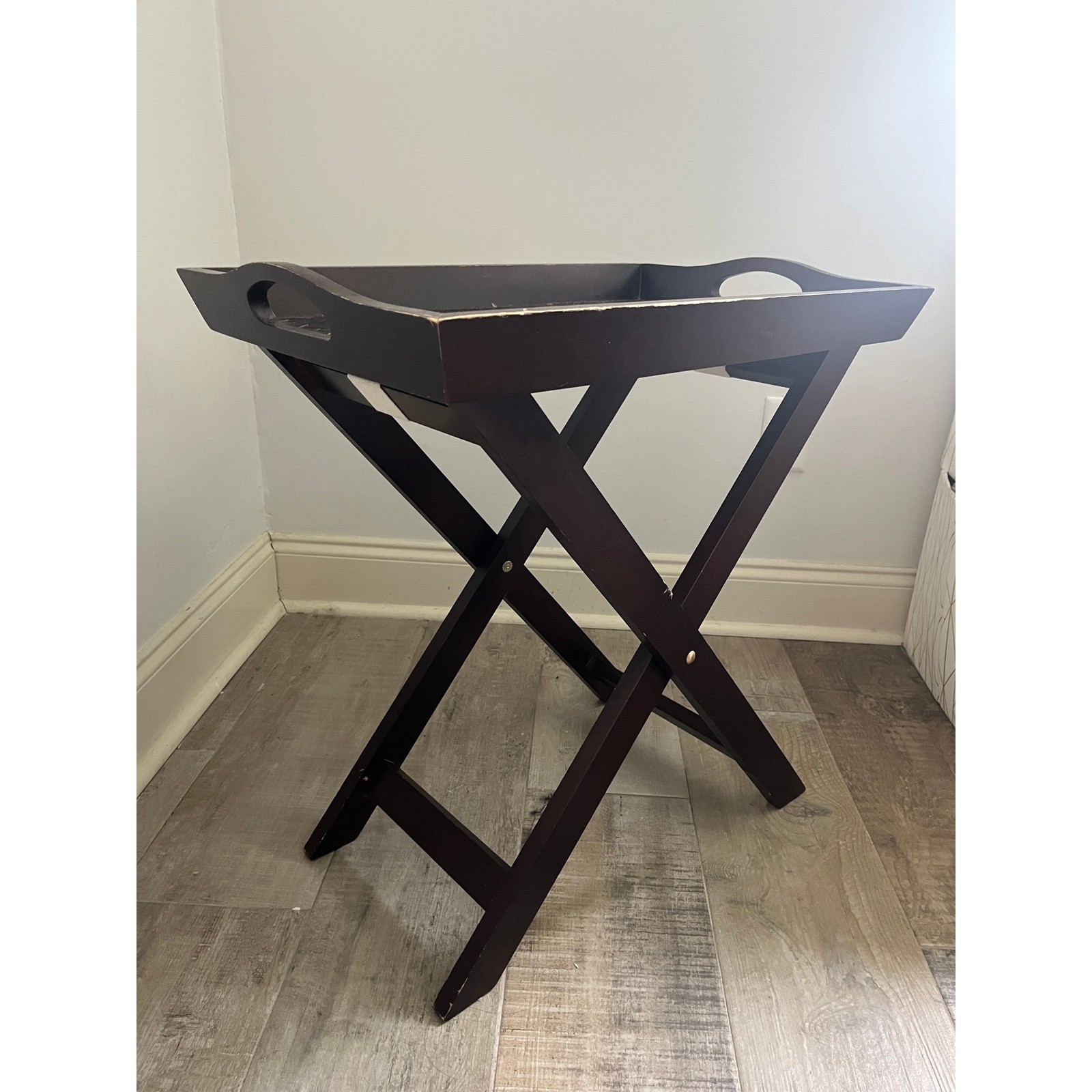 Dark Wood Folding Butler Tray Table Woven Bamboo Inlay Removable Serving Tray