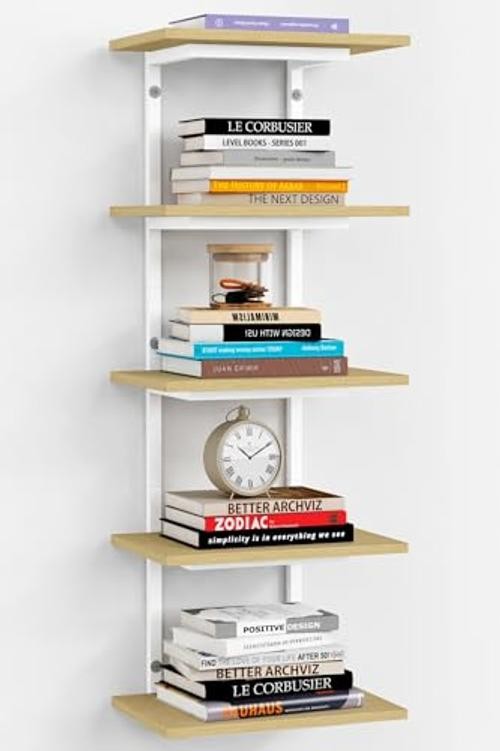 Tiered Wall Shelf Unit, 5 Tier Display Floating Shelves, White and Natural