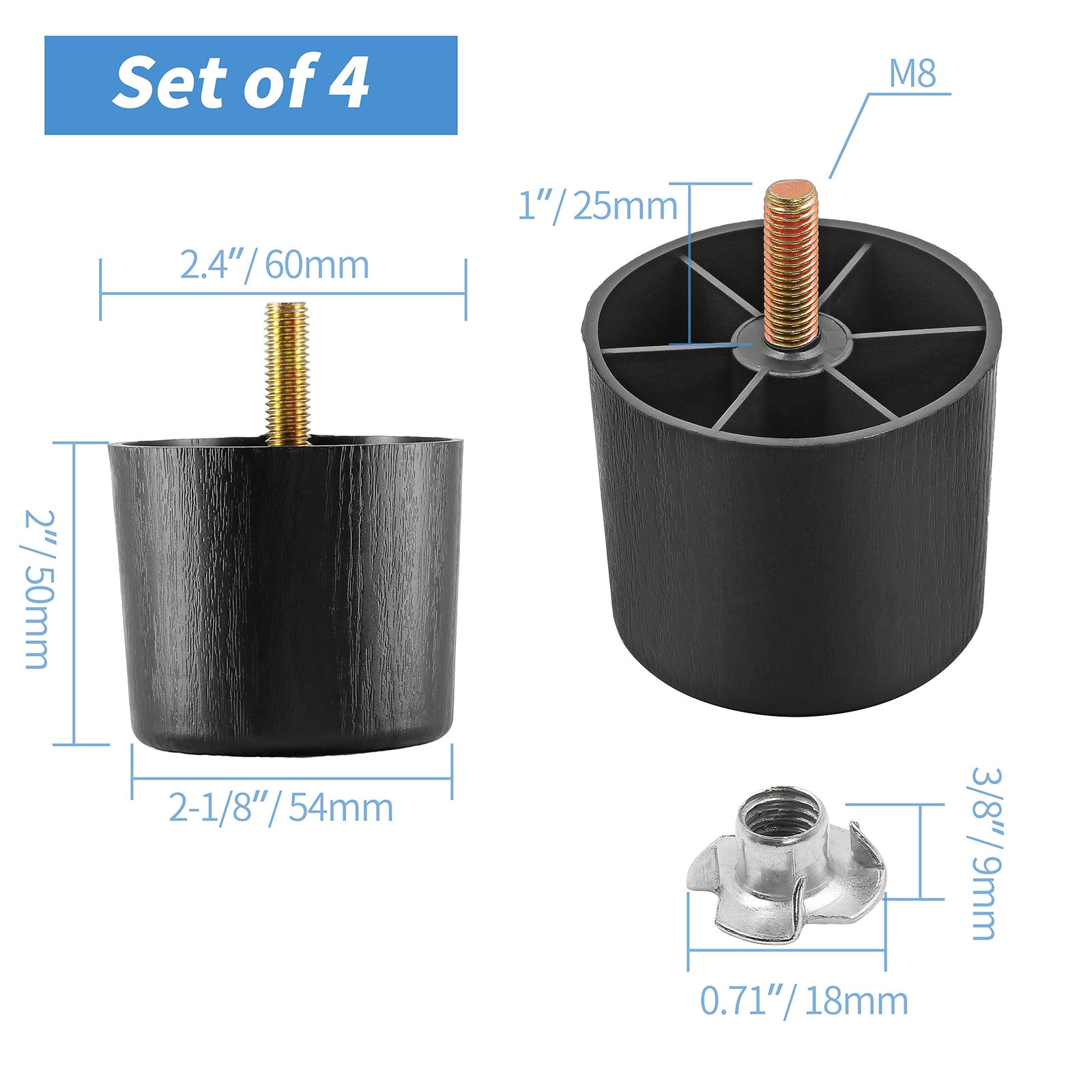 Plastic Furniture Legs 2 inch Round Tapered Black M8 Hanger Bolts 4 Pack