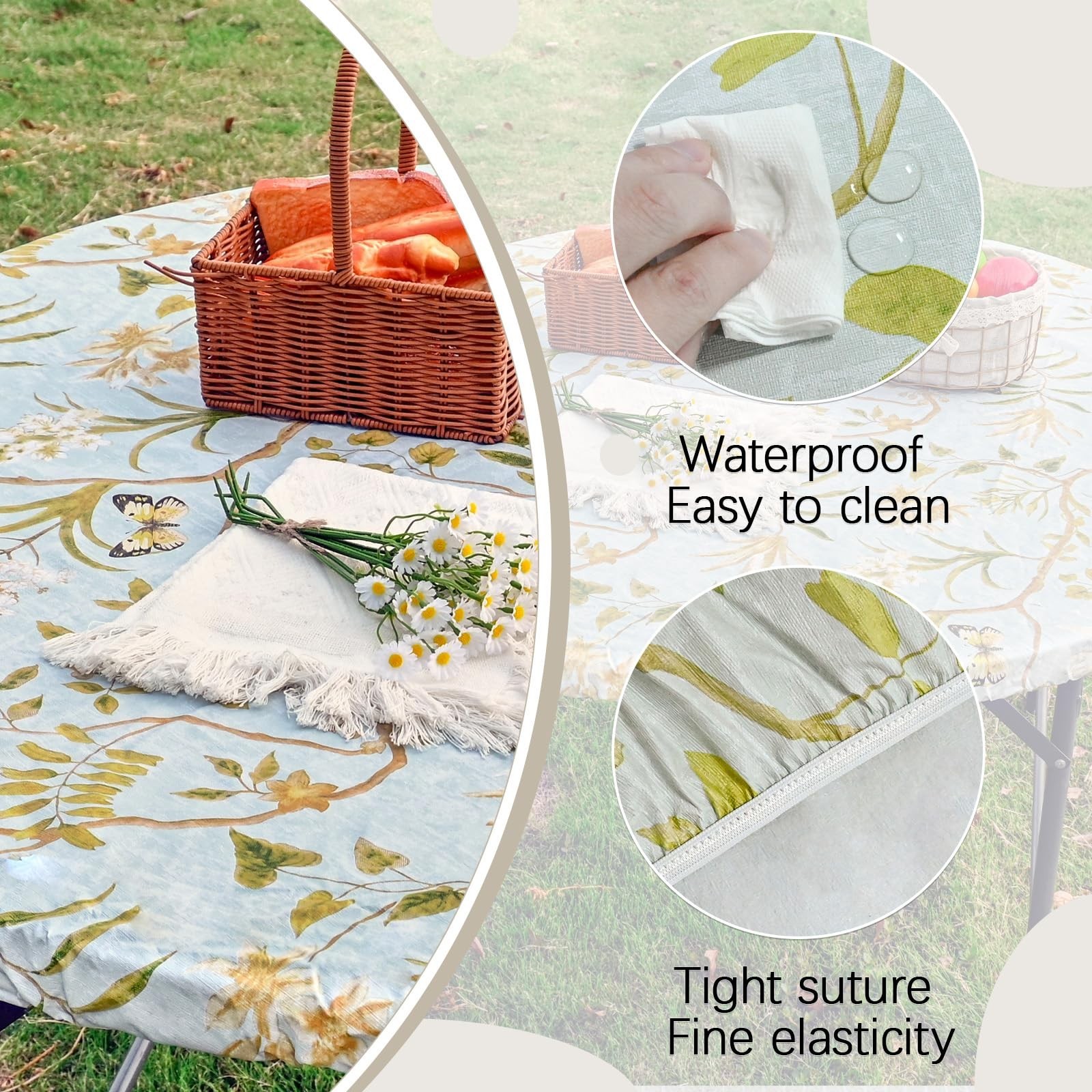 Round Flower Green Tablecloth, Vinyl Waterproof Tablecloths with Flannel Back…