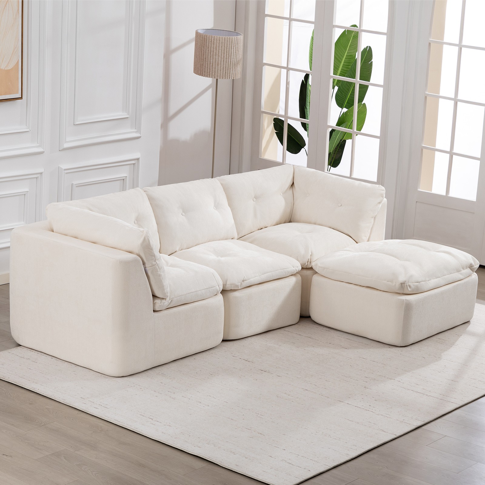 Modular Sectional Sofa Cloud L-Shaped 4-Seater Chenille Fabric Beige