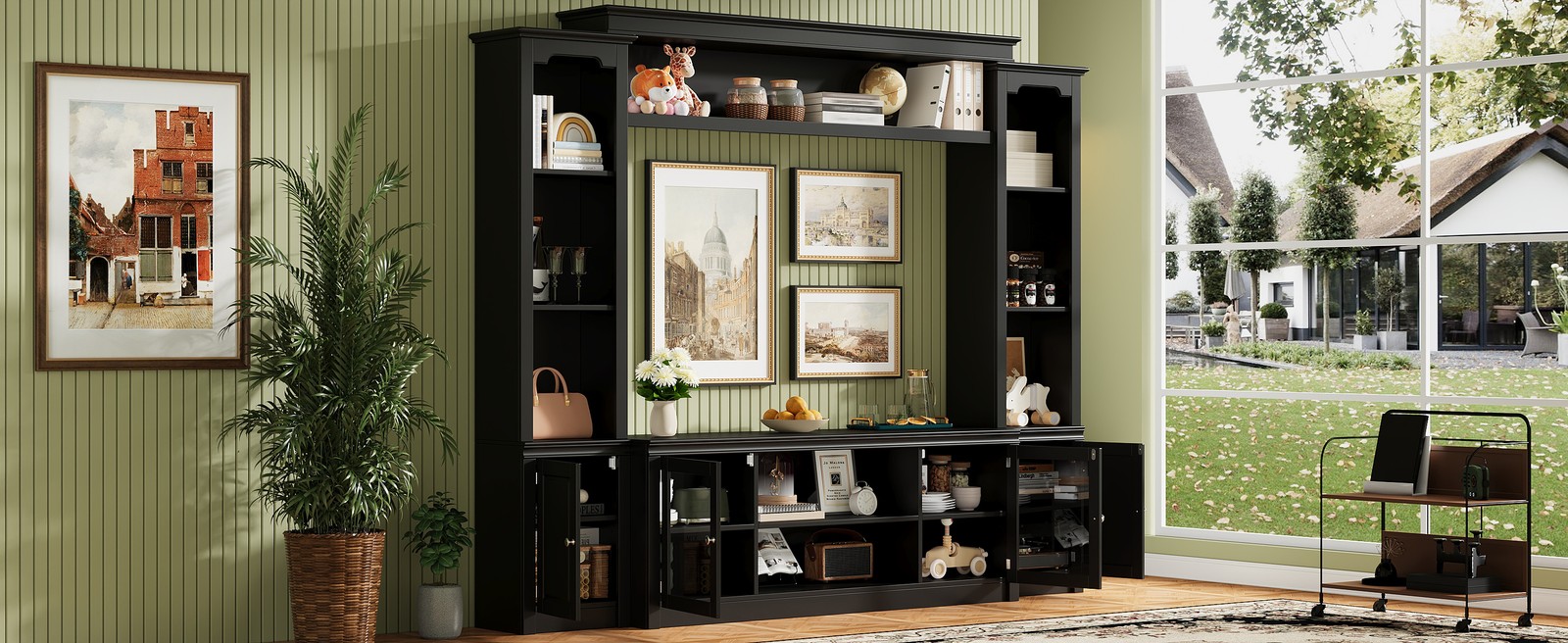Modern TV Stand with Bookcase for TVs Up to 65″, 4 Shelves, Glass Doors