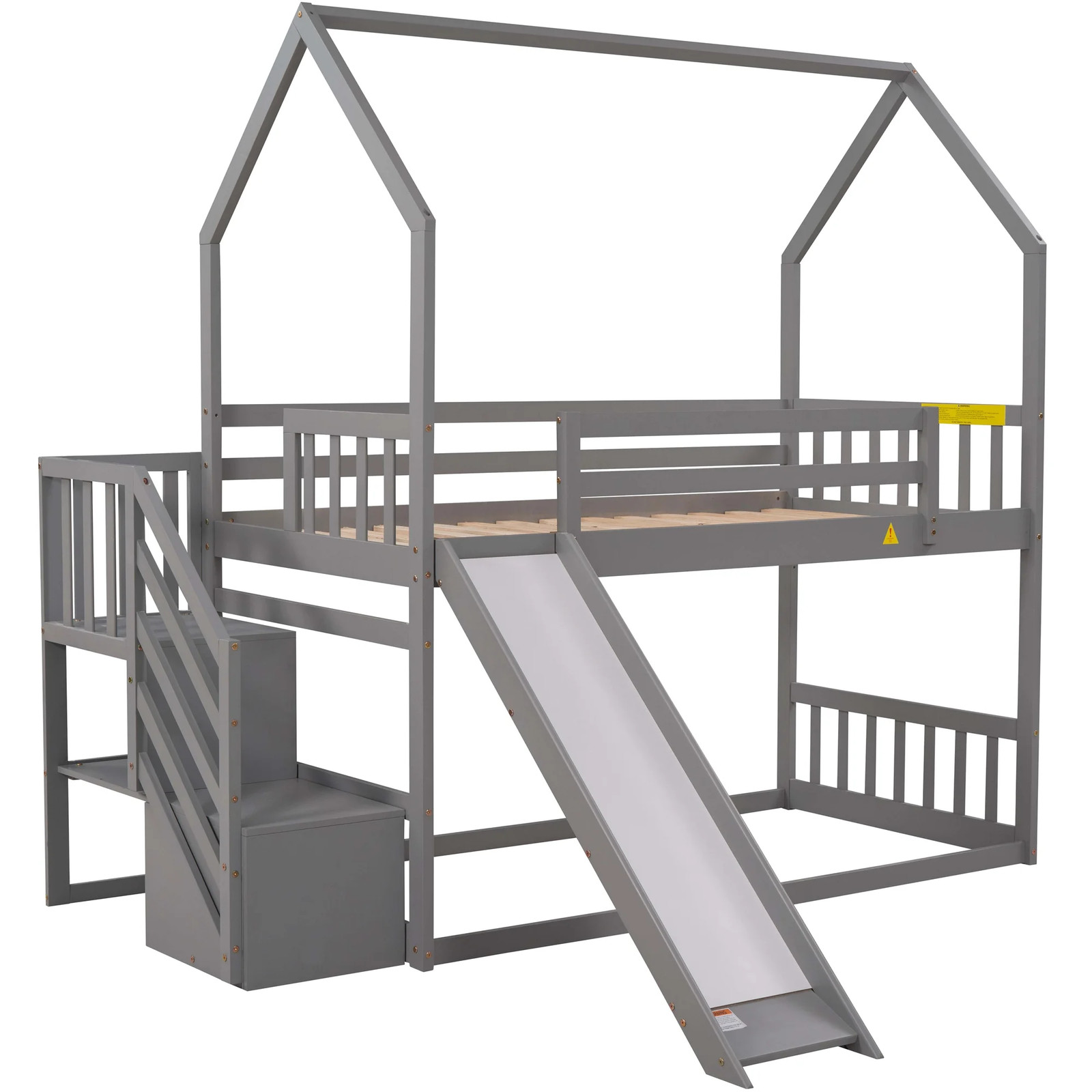 Twin House Bunk Bed with Staircase for Kids, Solid Wood Bunk Bed with Storage, G