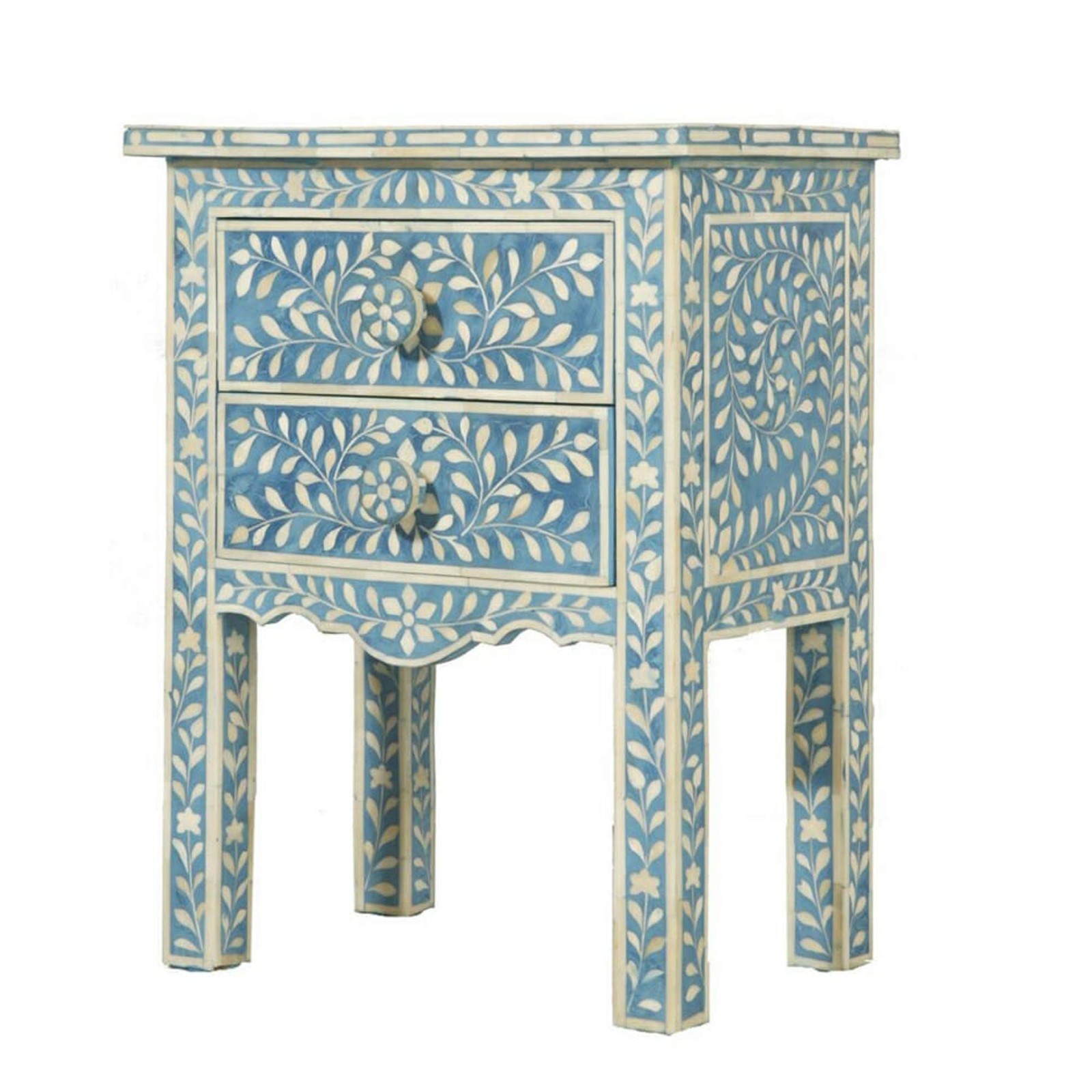 Blue Bone Inlay Nightstand Bedside End Table Boho Moroccan Handmade India