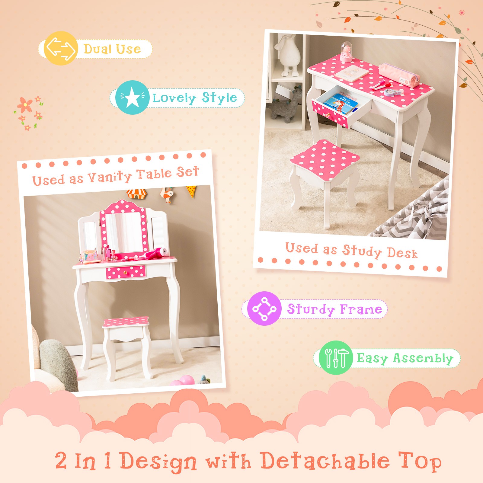 Kid Vanity Set Wooden Makeup Table Stool Tri-Folding Mirror Polka Dot Print Pink