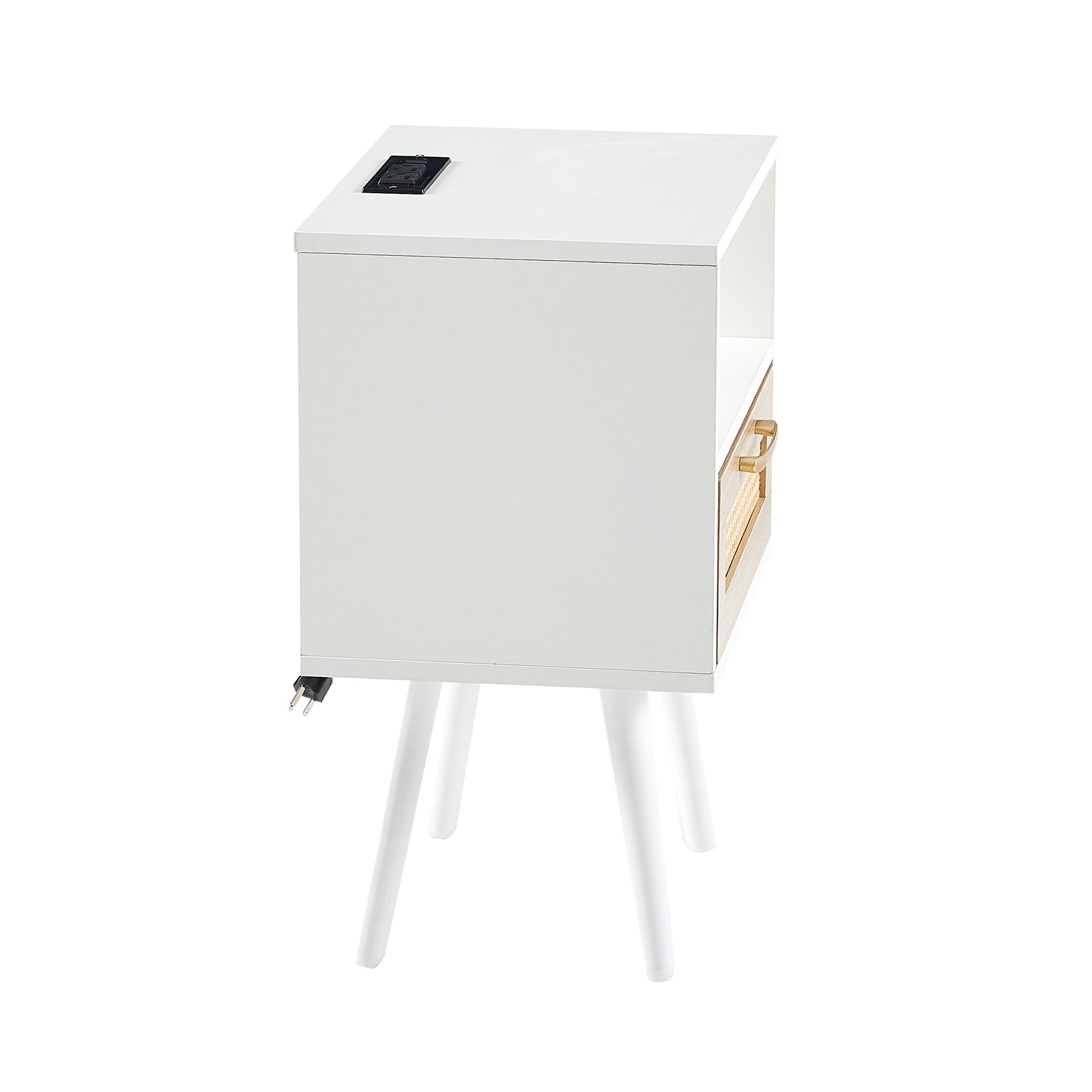 15.75″ Rattan End Table with Drawer, USB Ports & Outlet, White