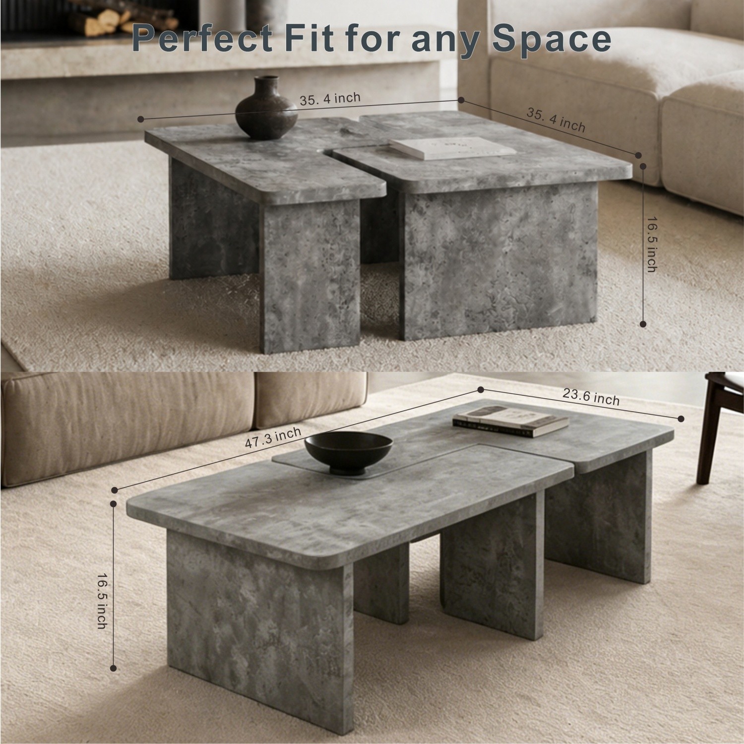 Modular L-Shaped Travertine Coffee Table Set 2-Piece Nesting Design Small Space