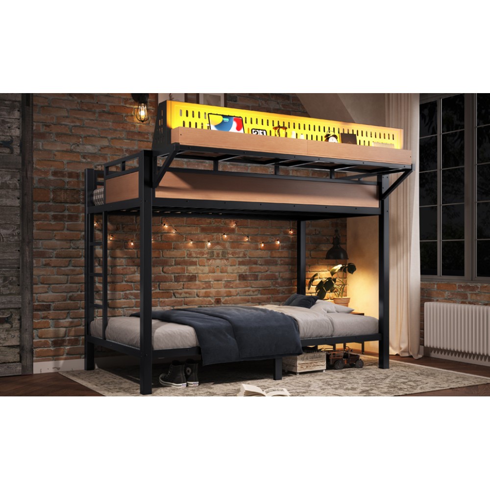 Twin XL over Twin XL Size Metal Bunk Bed with Storage Shelves and Pegboard