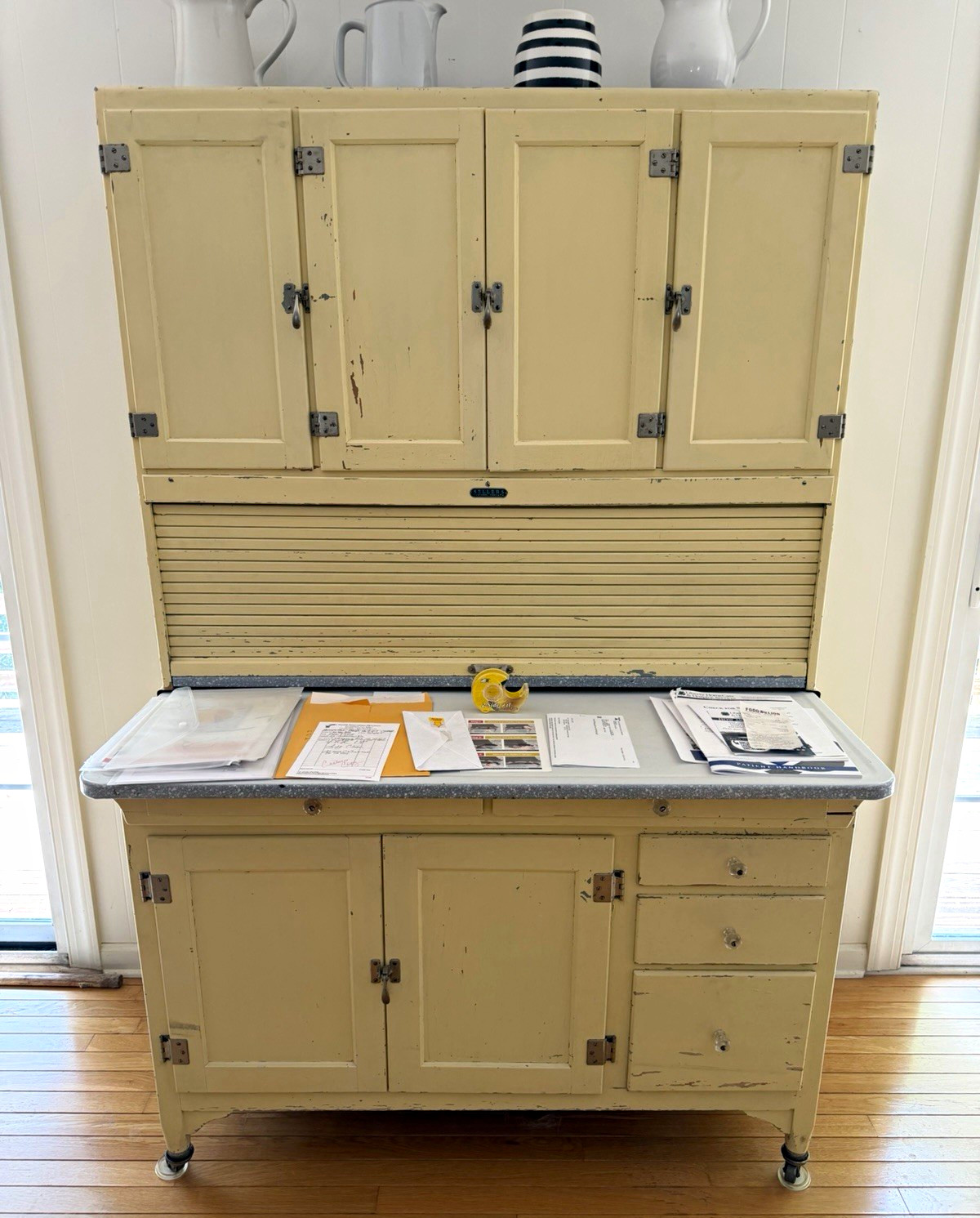 Antique Hoosier Freestanding Cabinet. Good condition. Painted.