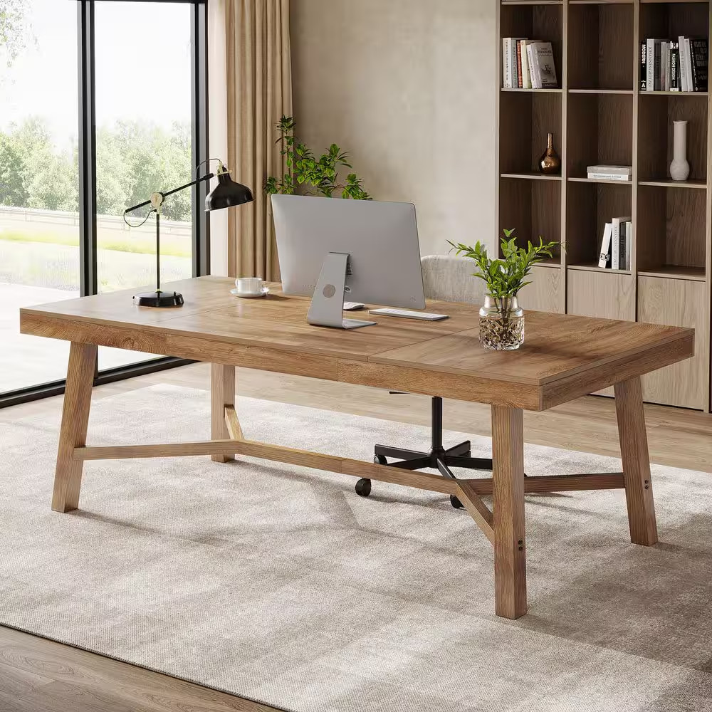 71 In. Rectangular Oak Color Engineered Wood Computer Desk, Large Office Desk St