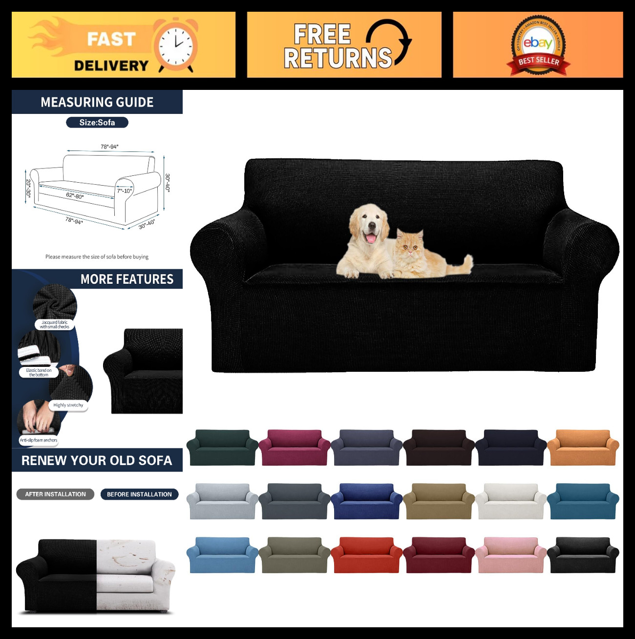 Stretch Sofa Slipcovers for 3-Cushion Couch, Elastic Bottom, Jacquard Fabric, Bl