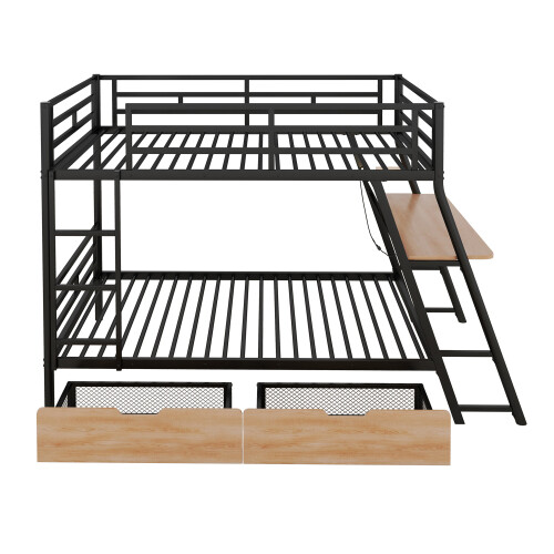 Full Size Metal Bunk Bed Frames with Built-in Desk LED Light and Storage Drawers