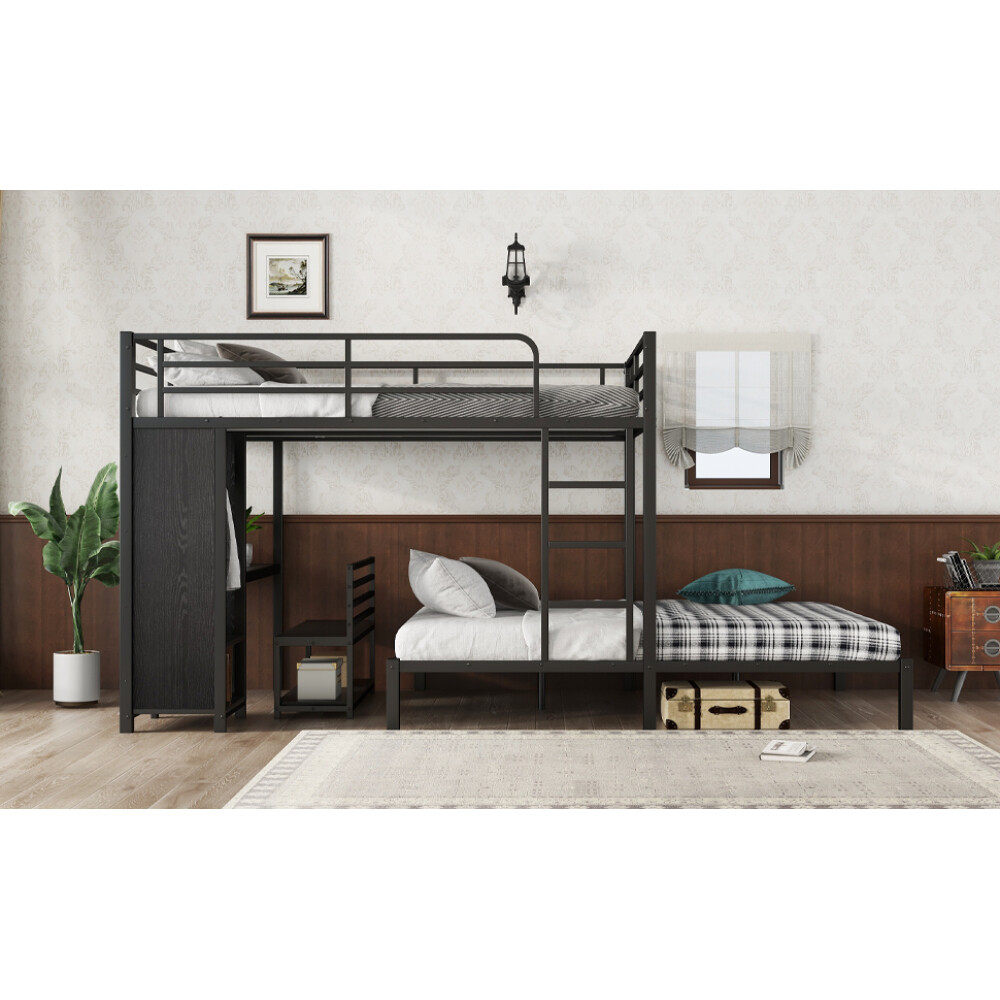 Queen over Queen Size Bunk Bed Frame with Built-in Wardrobe, Metal Bunk Bed