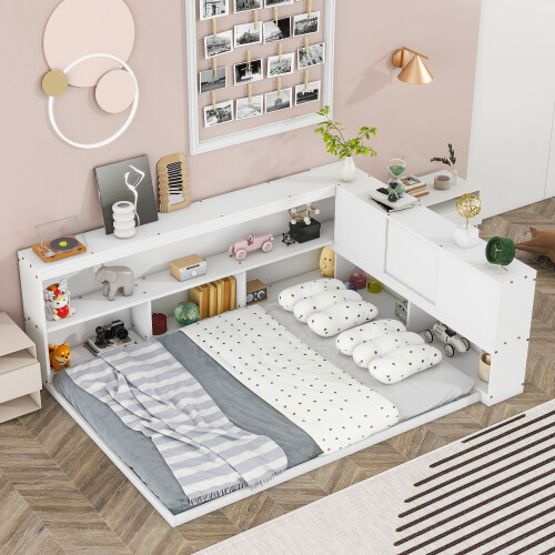 Full Size Daybed with L-Shaped Bookshelf Storage Shelves Sliding Doors Sofa Beds