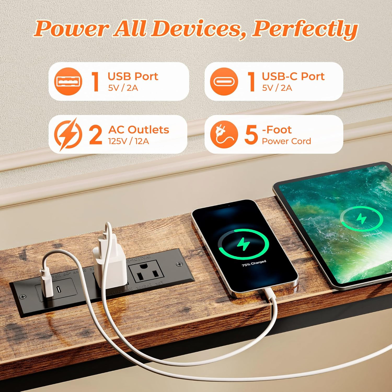 102 Inch Sofa Table with 2 Power Outlets and USB-C Ports, 5.9 Inch Narrow Consol
