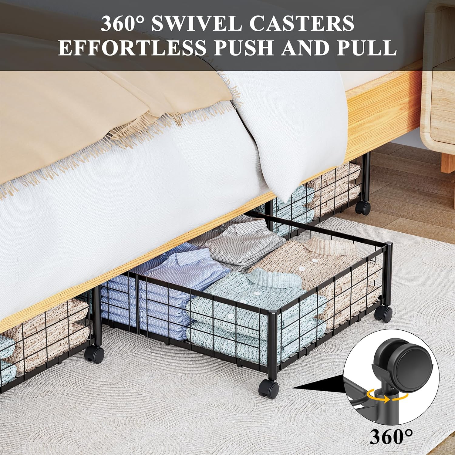 under Bed Storage with Wheels, 360° Rotating, No-Assembly Underbed Storage Conta
