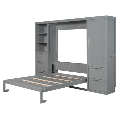 Queen Size Murphy Bed Wall Bed with Closet and Drawers Foldable Bed w/ Wardrobe