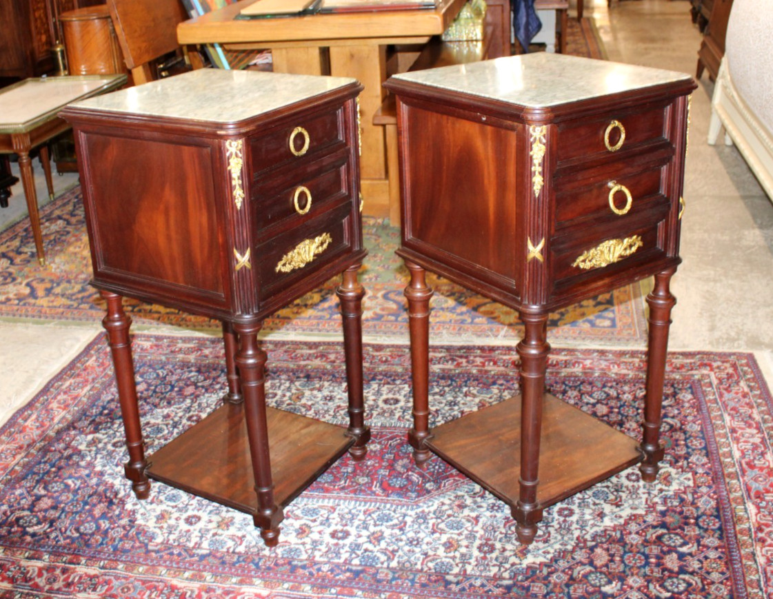 Pair of French Antique Louis XVI Mahogany Nightstands / Bedside Tables