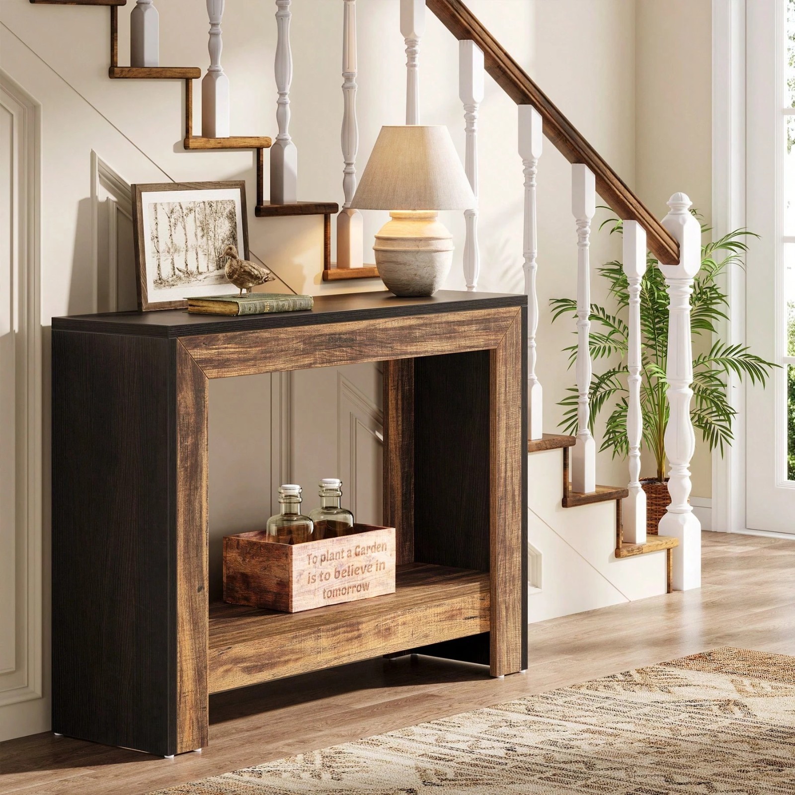 41.3″ Farmhouse Console Table Behind Couch Sofa Accent Table Black Brown Wooden