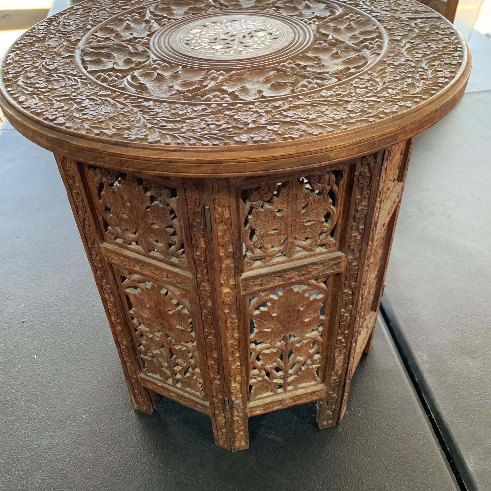Vintage Artisan Carved Octagonal Folding Teak Side Table Inlay Anglo Indian