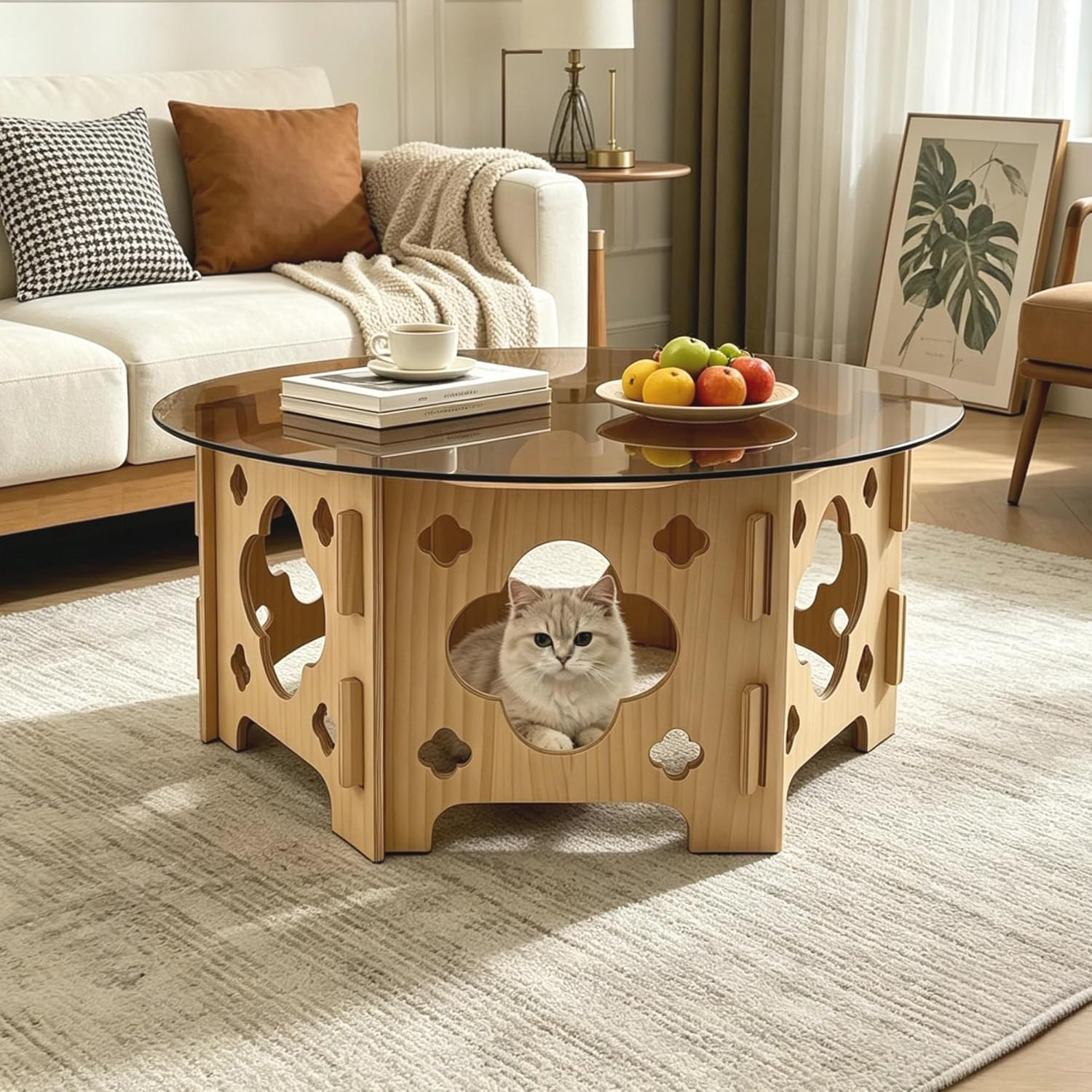 Modern 31.1″ Round Coffee Table with Hidden Cat Nest and Glass Top