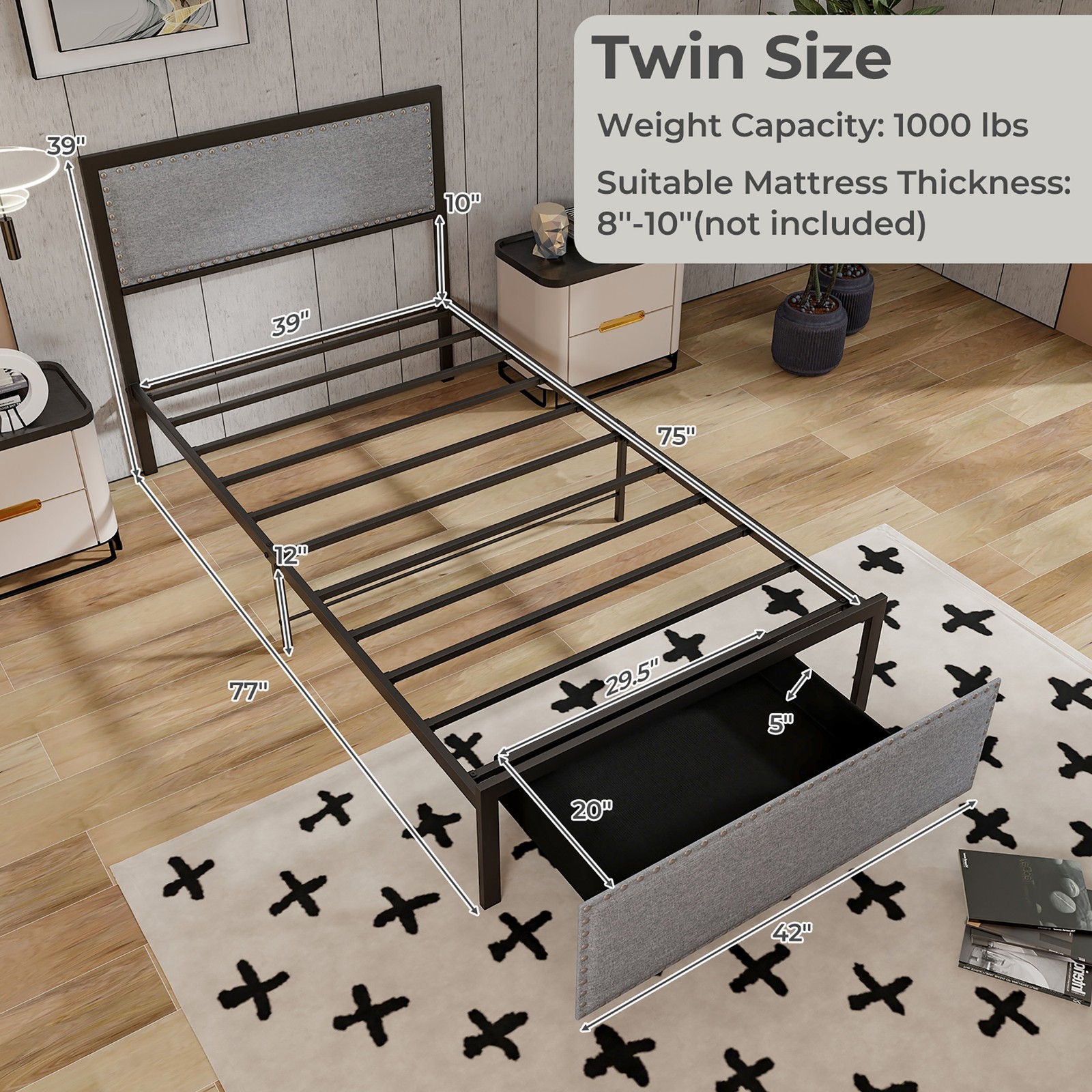Twin Size Bed Frame w/ Storage Drawer Metal Platform Bed w/ LED Lights